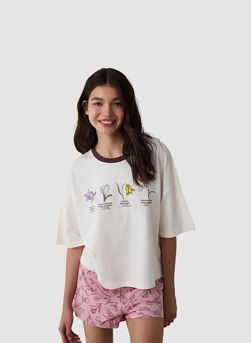 بنتي Steppe Tulip Floral Printed Organic Cotton Crew Neck Short Sleeve Pajama Set with Shorts